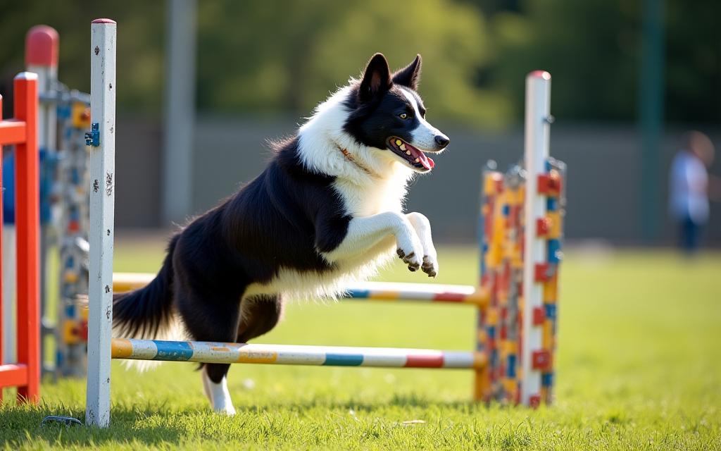Latihan kelincahan anjing Border Collie melompat halangan