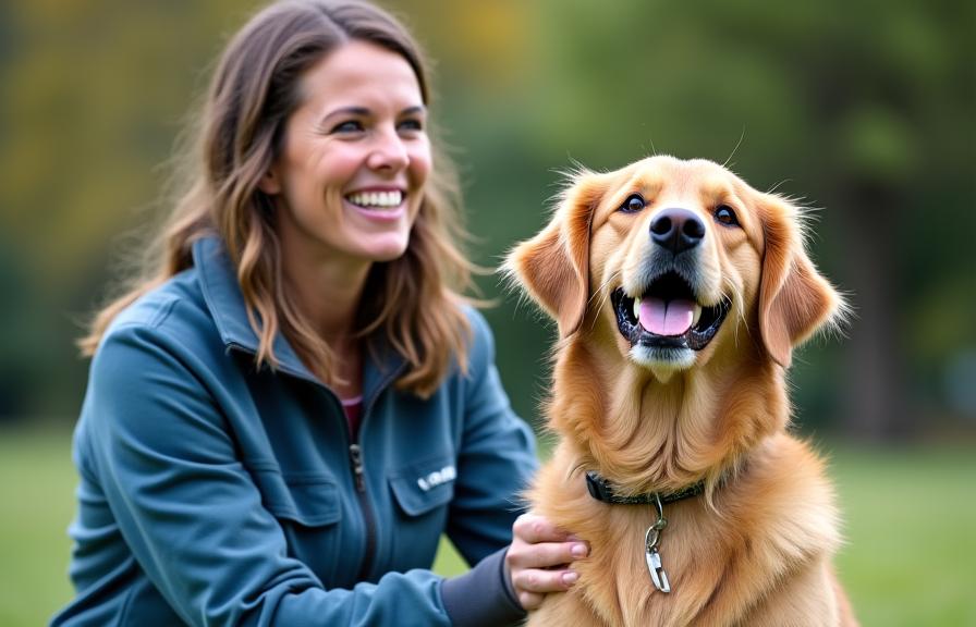 Pelatih anjing profesional dengan Golden Retriever yang gembira di Lumina Canis