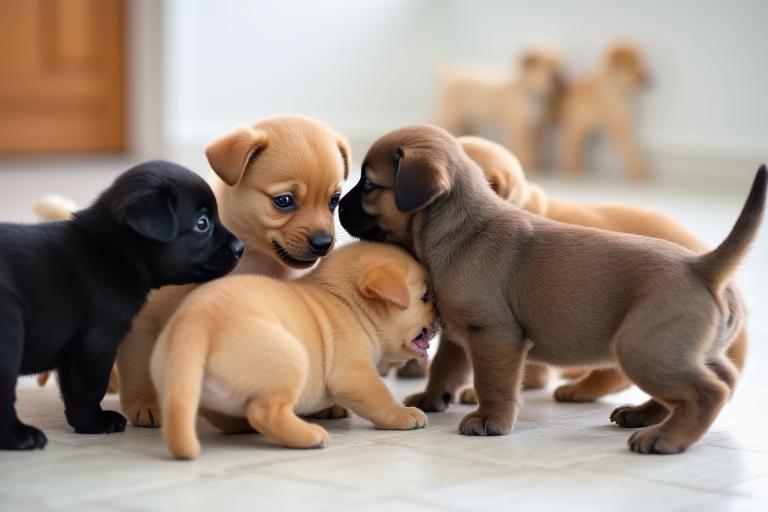 Kelas sosialisasi anak anjing dengan anak anjing comel bermain bersama
